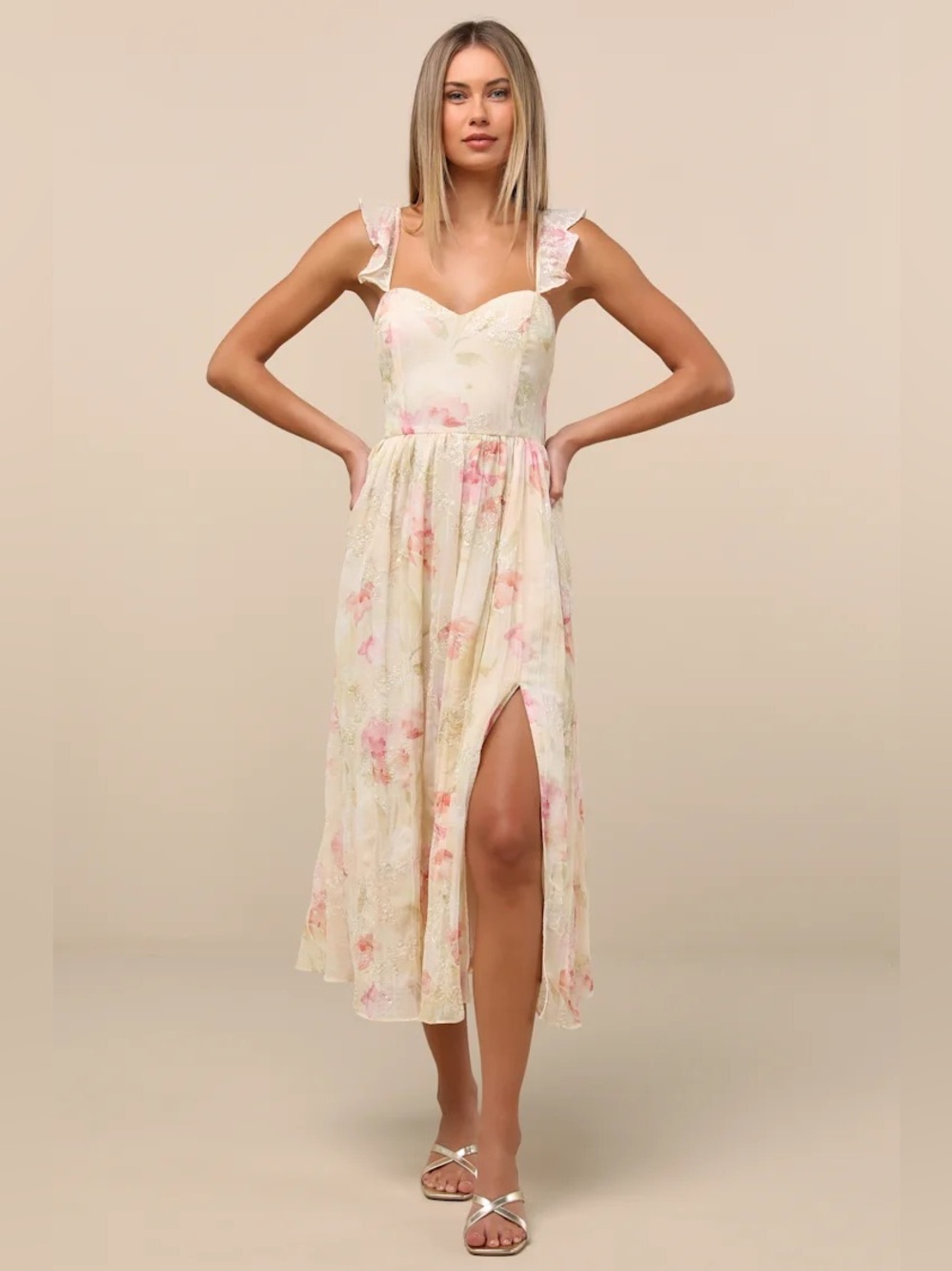 NWT Lulus Miara Cream and Pink Floral Embroidered Ruffled Midi Dress Cottagecore